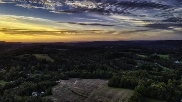 田舎の曇り空と陽射しの下の森の風景 — ストック写真