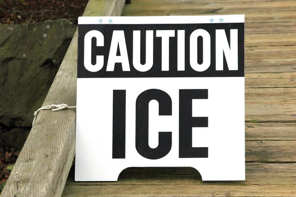 Closeup Caution Ice Sign Wooden Bridge — Foto de Stock