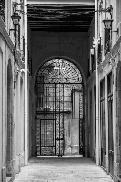 Grayscale Shot Arch Entrance Gate Door Building — Stockfoto