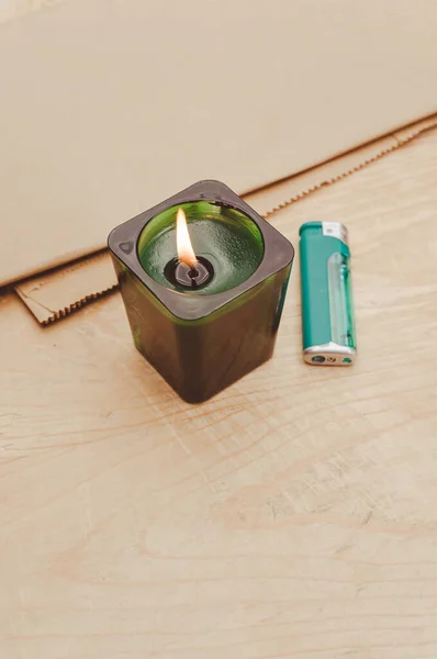 Scented Candle Green Glass Burning Rustic Wooden Tabletop Copy Space — 스톡 사진