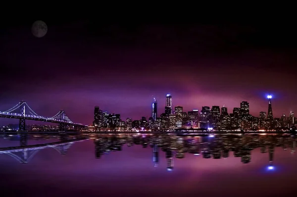 Cityscape San Francisco Surrounded Water Long Exposure Night — Zdjęcie stockowe