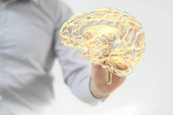 Vykreslený Lidský Zlatý Mozek Rukou Muže Pozadí — Stock fotografie