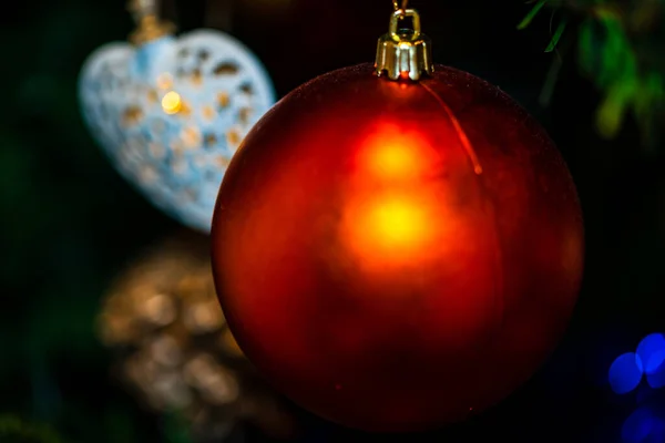 Closeup Shot Shiny Red Ornament Christmas Tree — Photo