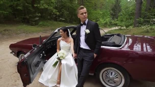 Footage Beautiful Bride Groom Car — Vídeo de Stock