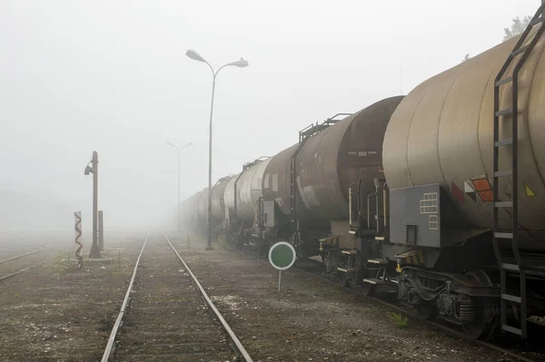 Boş Bir Istasyonda Sisten Çıkan Güzel Bir Tren Kompozisyonu Manzarası — Stok fotoğraf