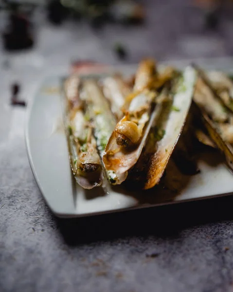 Vertical Selective Focus Shot Delicious Seafood Dishes Plate Restaurant — Photo