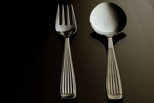 Closeup Shot Spoon Fork Black Background — Stockfoto