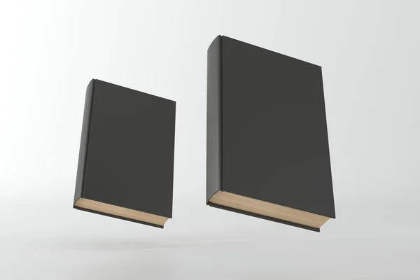 灰色の背景に黒いカバーとコピースペースを持つ2冊の本の3Dレンダリング — ストック写真
