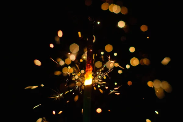 Close Shot Burning Sparkling Bright Firework Stick Darkness — Stock Fotó