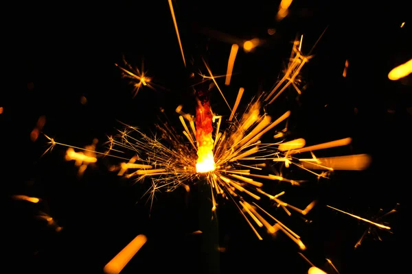 Close Shot Burning Sparkling Bright Firework Stick Darkness — Fotografia de Stock