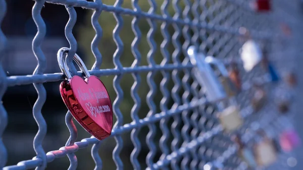 Selective Shot Heart Shaped Love Padlock Attached Fence — Photo