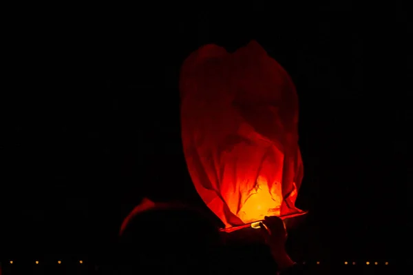 Beautiful Shot Person Letting Lantern Float High Night Sky Sky — Stock Fotó