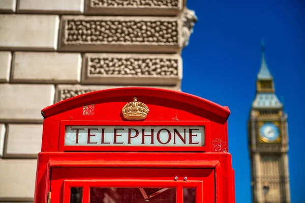 Red Telephone Vintage Booth London Big Ben Background —  Fotos de Stock