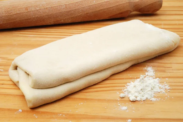 Folded Raw Puff Pastry Dough Wooden Table — Photo