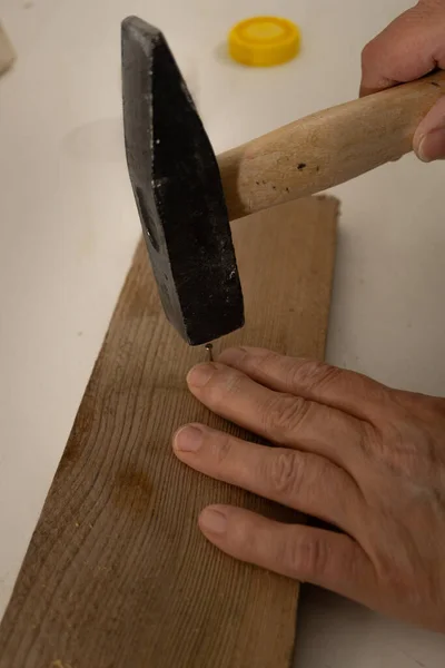 Close Woman Hands Hammering Nail Board — Stock Photo, Image