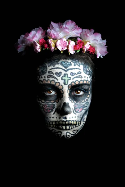 Caucasian Woman Face Painted Catrina Flower Crown Black Background Day —  Fotos de Stock
