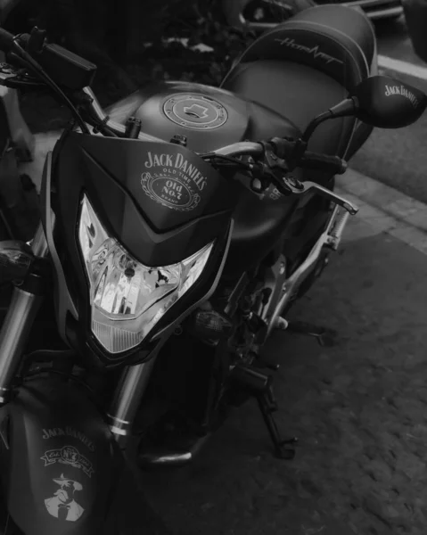 Cannes France Aug 2021 Grayscale Shot Black Motorcycle Jack Daniels — 스톡 사진