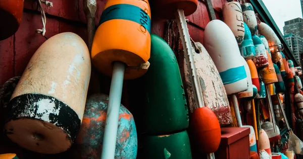 Closeup Shot Colorful Buoys Hanging Wall — Stock Photo, Image