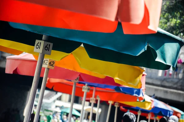Set Multi Colored Umbrellas Table Numbers Restaurant Riverwalk Area San — Photo