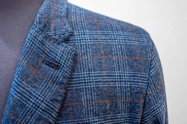 Closeup Bespoke Handmade Boutonniere Custom Made Blue Check Suit High —  Fotos de Stock