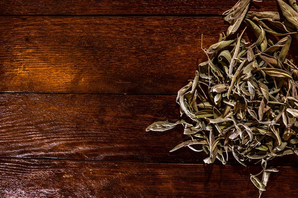 Dried Sage Leaves Used Tea Wooden Surface — Fotografia de Stock