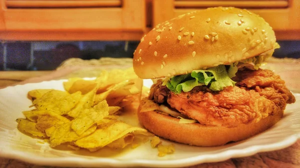 Chicken Burger Crisps Serving Plate — Stock Fotó