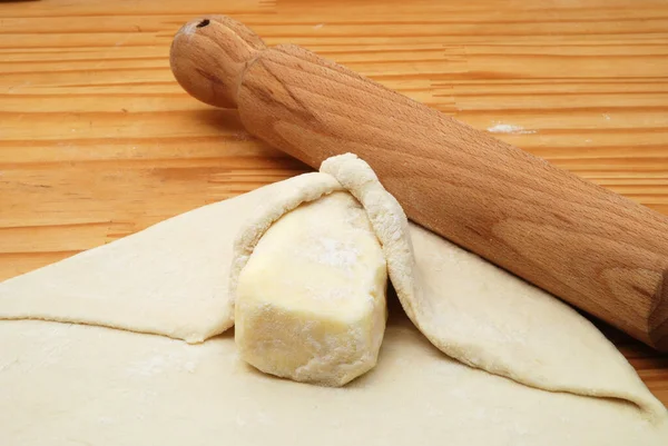 Folded Raw Puff Pastry Dough Wooden Table — ストック写真