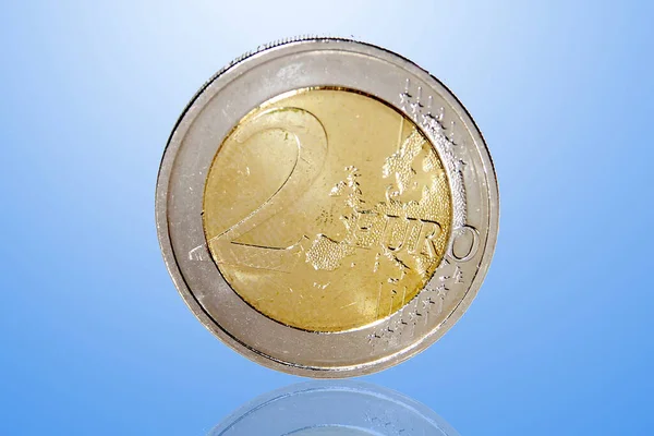 Closeup Euro Coin Isolated Blue Background — Photo