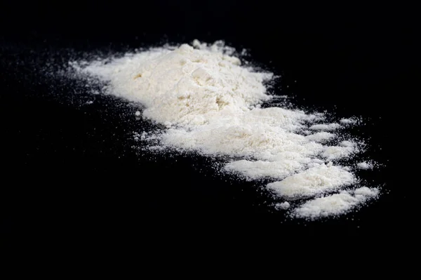 Sprinkled Wheat Flour Splash Spots Black Background — Fotografia de Stock