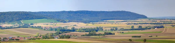 Panoramic View Fields Cloudy Sky Mountains Background — Stock fotografie