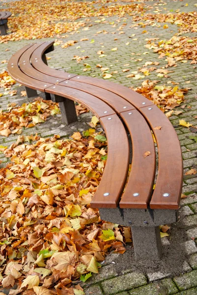 Vertical Shot Modern Curve Bench Autumn Leaves Pavement — Stockfoto