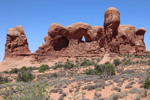 Uma Vista Panorâmica Paisagem Rochosa Vermelha Arches National Park Perto — Fotografia de Stock