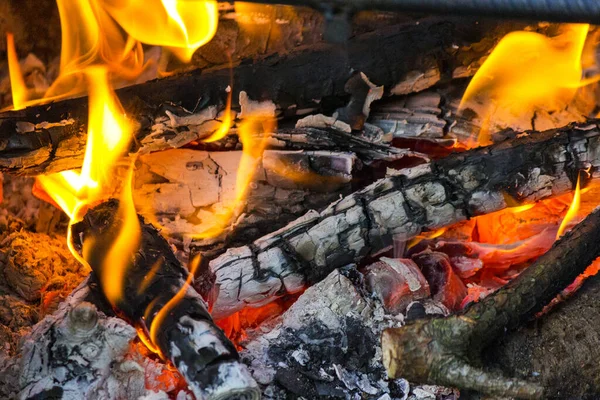 Closeup Burning Firewood Fireplace — Stok fotoğraf