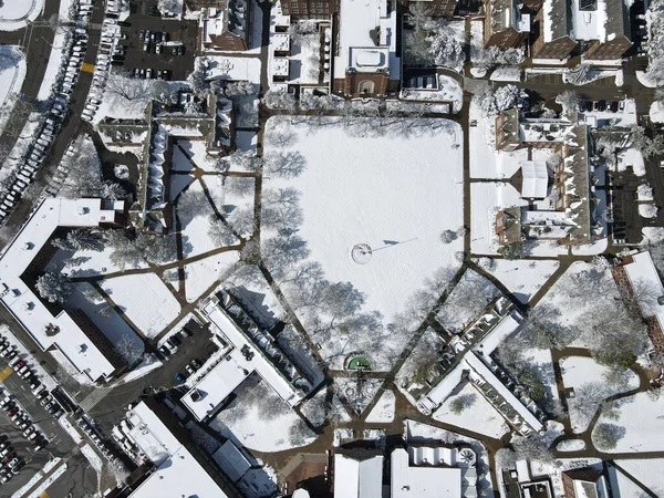 Aerial Shot City Snow Capped Houses Cars — Foto de Stock