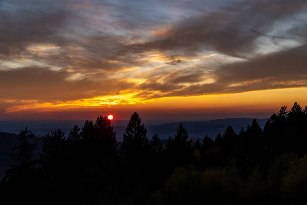 山の木々の上に丸い黄金の夕日のシルエットのショット — ストック写真