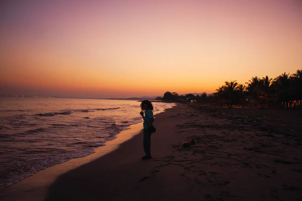 Person Standing Beach Looking Sea Beautiful Sunset Evening —  Fotos de Stock