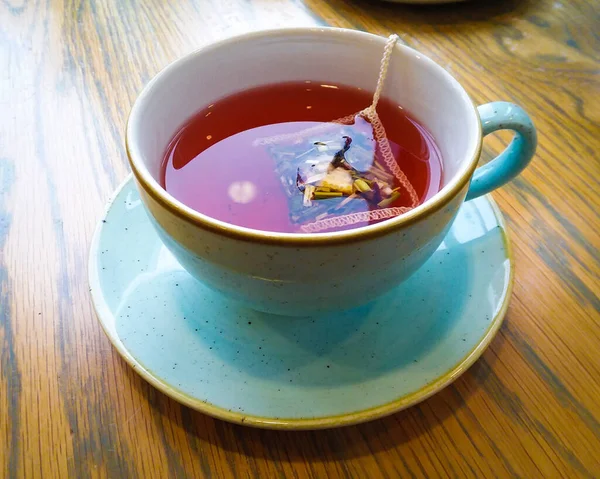 Closeup Cup Delicious Herbal Tea Saucer Table — Stockfoto