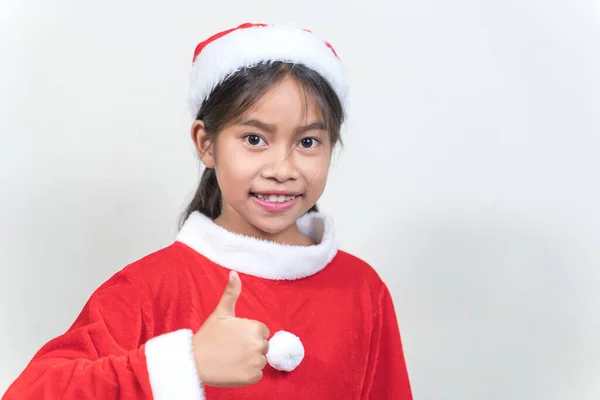 Μικρό Χαριτωμένο Κορίτσι Της Ταϊλάνδης Κοστούμι Σάντα Και Δείχνει Σαν — Φωτογραφία Αρχείου