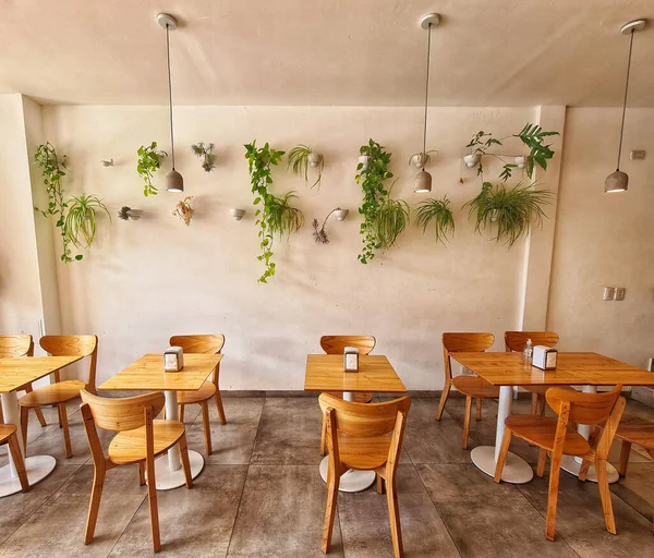 Ένα Εσωτερικό Ενός Μικρού Εστιατορίου Ξύλινες Καρέκλες Και Τραπέζια — Φωτογραφία Αρχείου