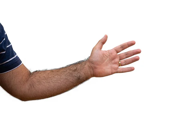 Manlig Arm Utsträckt Med Öppen Handflata Bär Bröllop Band Isolerad — Stockfoto