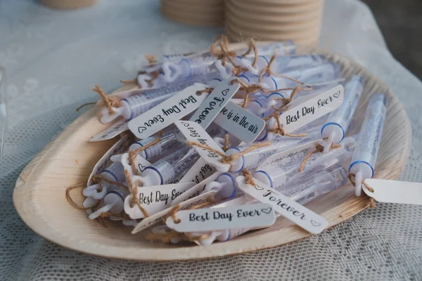 Labels Texts Wedding Soap Bubbles Tubes Wooden Plate — Stockfoto