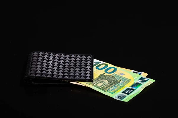 Closeup Shot Euro Banknotes Black Wallet Isolated Black Background — Stock Photo, Image