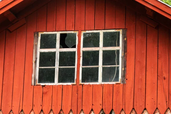 Partial View Red Wooden Gable Facade Window Old House Sweden — Fotografia de Stock