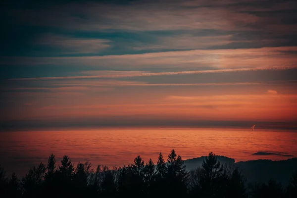 Eine Silhouettenaufnahme Von Ruhiger See Über Bäumen Der Nähe Des — Stockfoto