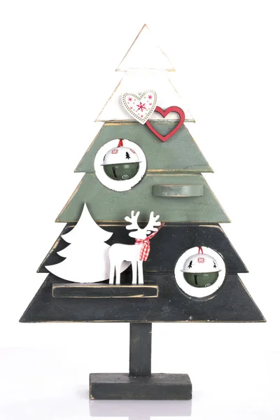 Vertical Shot Wooden Christmas Tree Decoration White Background — 스톡 사진