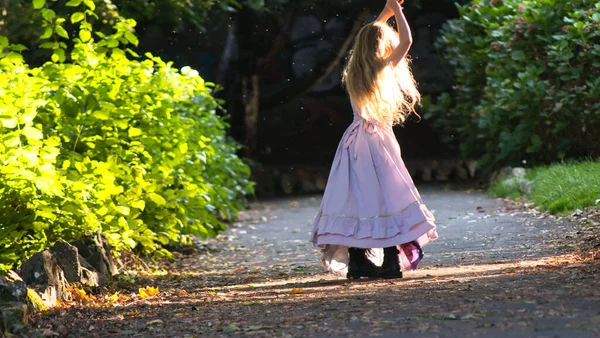 Little Girl Wearing Dress Dancing Park — Zdjęcie stockowe