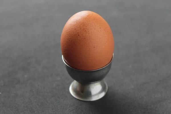 Closeup Cooked Egg Metal Egg Cup Table — Stock fotografie