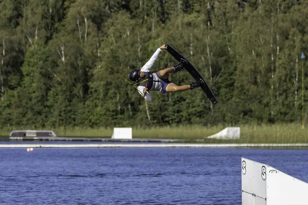 Fagersta Sweden Aug 2021 Professional Cable Wakeboard Performed Trick Kicker — 스톡 사진
