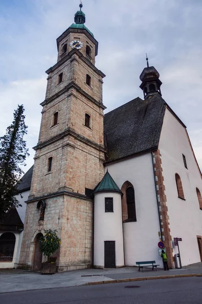 Angolo Basso Una Chiesa Berchtesgaden Koenigssee Baviera Escursioni Watzmann Contro — Foto Stock