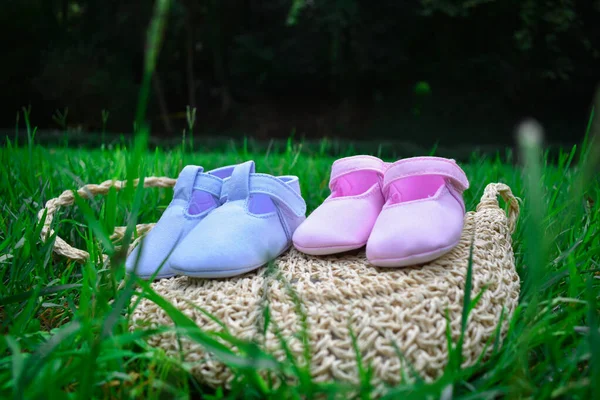 Belles Chaussures Bébé Roses Bleues Sur Sac Osier Sur Herbe — Photo